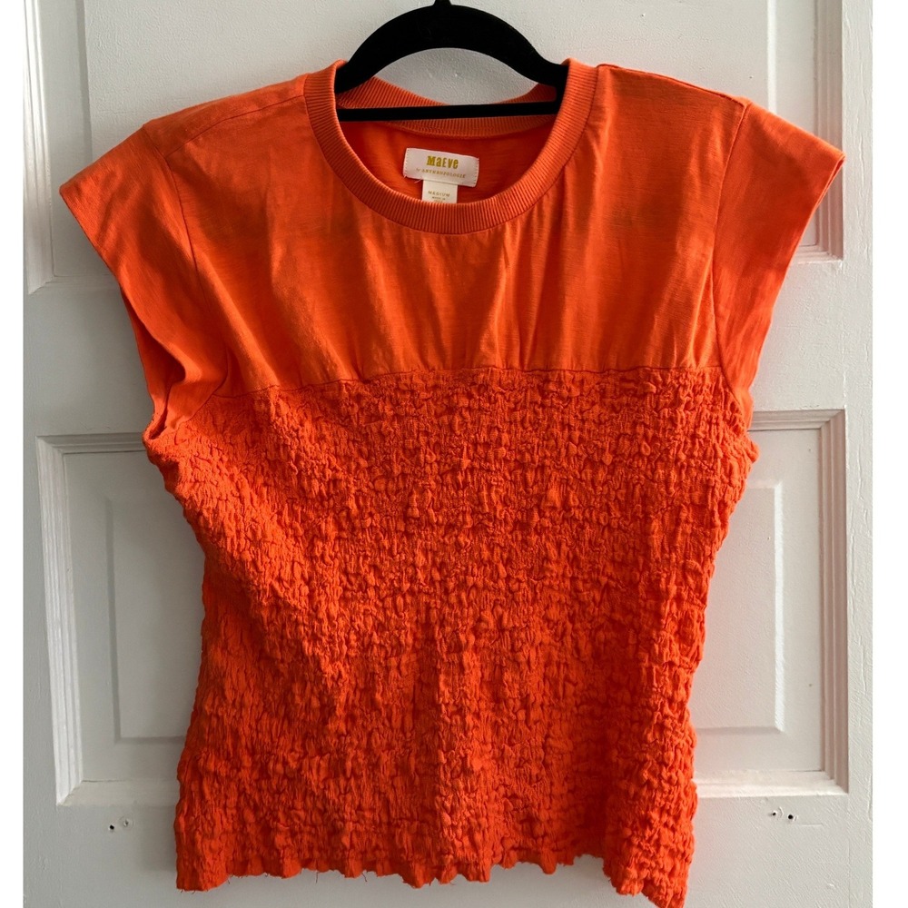Maeve Anthropologie Orange Popcorn Smocked Cap Sleeve Mixed Media Top Medium